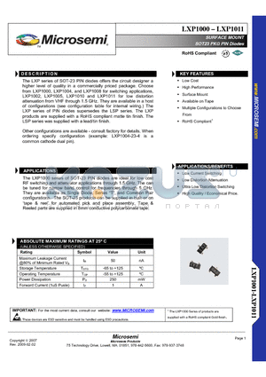 LXP1011 datasheet - SURFACE MOUNT SOT23 PKG PIN Diodes