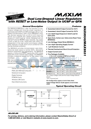 MAX8530 datasheet - Dual Low-Dropout Linear Regulators with RESETor Low-Noise Output in UCSP or QFN
