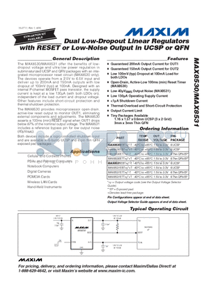 MAX8530 datasheet - Dual Low-Dropout Linear Regulators with RESET or Low-Noise Output in UCSP or QFN