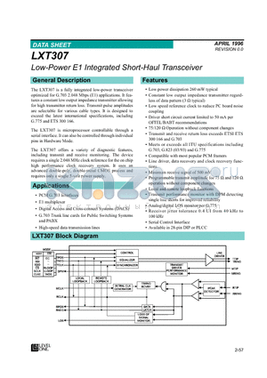 LXT307 datasheet - Low-Power E1 Integrated Short-Haul Transceiver