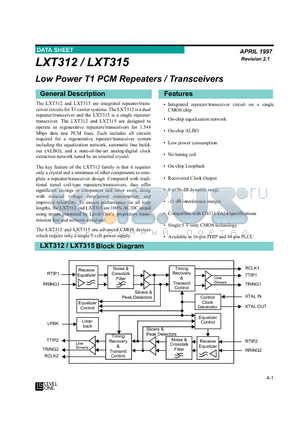 LXT312 datasheet - Low Power T1 PCM Repeaters/Transceivers