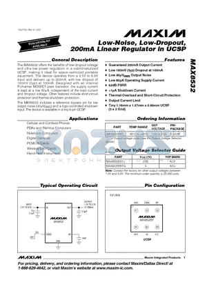 MAX8532EBTJ datasheet - Low-Noise, Low-Dropout, 200mA Linear Regulator in UCSP