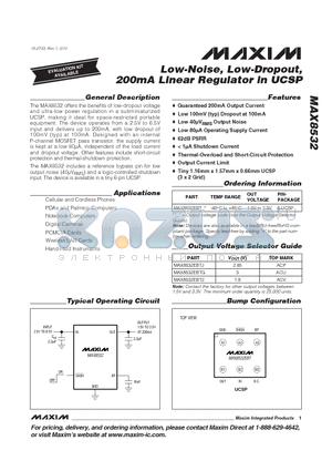 MAX8532EBTJ datasheet - Low-Noise, Low-Dropout,200mA Linear Regulator in UCSP