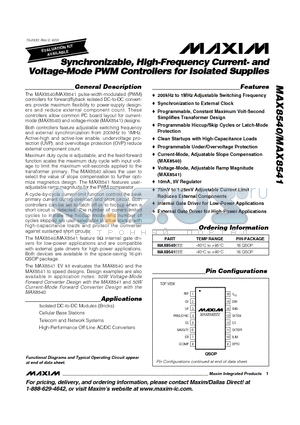 MAX8540EEE datasheet - Synchronizable, High-Frequency Current- and Voltage-Mode PWM Controllers for Isolated Supplies