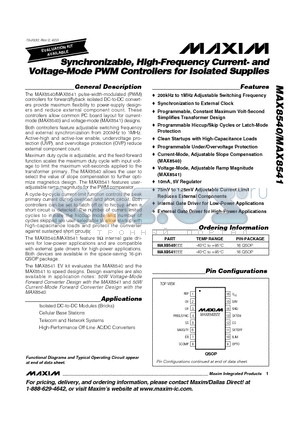 MAX8541EEE datasheet - Synchronizable, High-Frequency Current- and Voltage-Mode PWM Controllers for Isolated Supplies