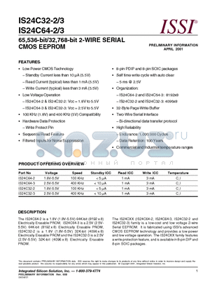 IS24C64-2 datasheet - 65,536-bit/32,768-bit 2-WIRE SERIAL CMOS EEPROM