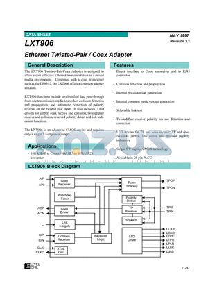 LXT906 datasheet - Ethernet Twisted-Pair/Coax Adapter