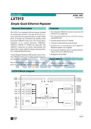 LXT915 datasheet - Simple Quad Ethernet Repeater