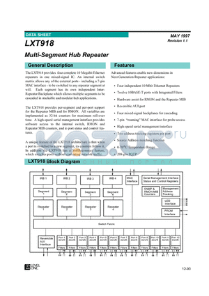 LXT918 datasheet - Multi-Segment Hub Repeater