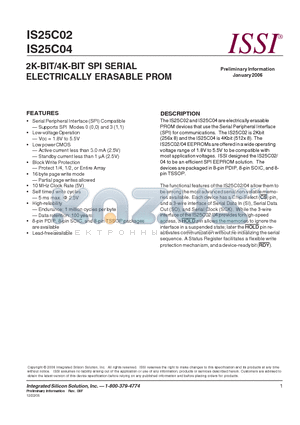 IS25C02-2GI datasheet - 2K-BIT/4K-BIT SPI SERIAL ELECTRICALLY ERASABLE PROM