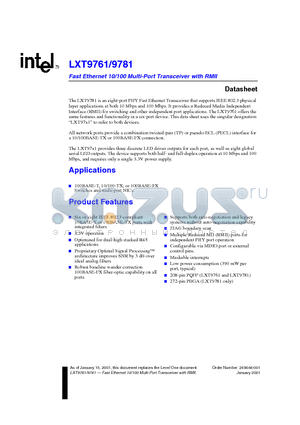 LXT9761 datasheet - Fast Ethernet 10/100 Multi-Port Transceiver with RMII