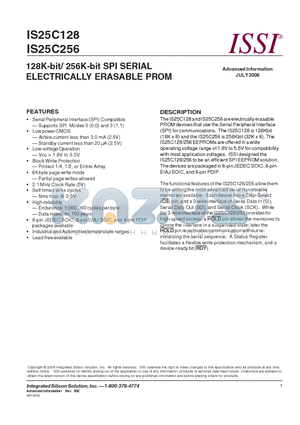 IS25C128-2PLI datasheet - 128K-bit/ 256K-bit SPI SERIAL ELECTRICALLY ERASABLE PROM