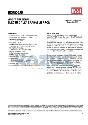 IS25C08B-2ZLI-TR datasheet - 8K-BIT SPI SERIAL ELECTRICALLY ERASABLE PROM