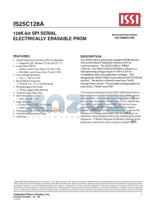 IS25C128A-2ZLI datasheet - 128K-bit SPI SERIAL ELECTRICALLY ERASABLE PROM