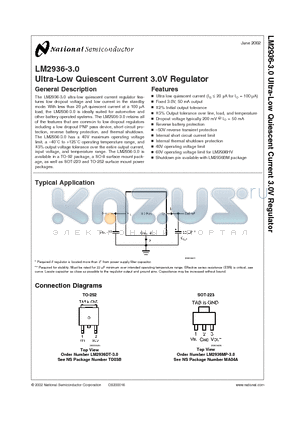 LM2936-30 datasheet - Ultra-Low Quiescent Current 3.0V Regulator