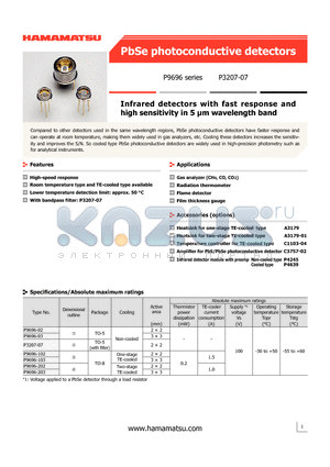 P9696-03 datasheet - Infrared detectors with fast response and high sensitivity in 5 m wavelength band