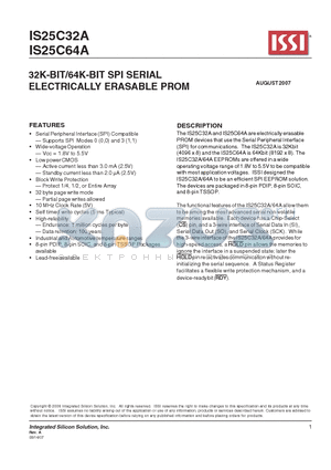 IS25C32A-2GI datasheet - 32K-BIT/64K-BIT SPI SERIAL ELECTRICALLY ERASABLE PROM