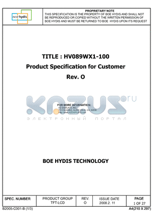 HV089WX1-100 datasheet - Product Specification for Customer