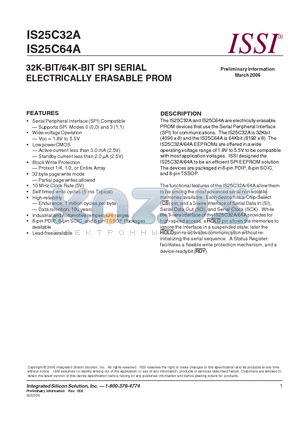 IS25C32A-3GLA3 datasheet - 32K-BIT/64K-BIT SPI SERIAL ELECTRICALLY ERASABLE PROM