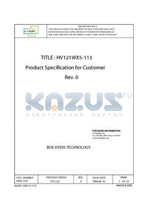HV121WX5-113 datasheet - Product Specification for Customer
