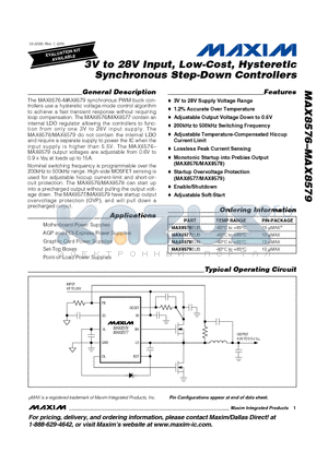 MAX8576 datasheet - 3V to 28V Input, Low-Cost, Hysteretic Synchronous Step-Down Controllers