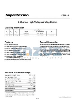 HV1816PJ datasheet - 8-Channel High Voltage Analog Switch