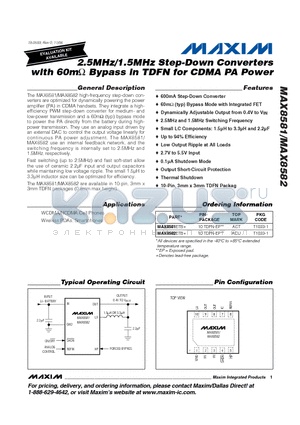 MAX8582ETB+ datasheet - 2.5MHz/1.5MHz Step-Down Converters with 60m ohm Bypass in TDFN for CDMA PA Power