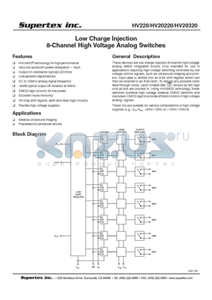 HV20220 datasheet - Low Charge Injection 8-Channel High Voltage Analog Switches