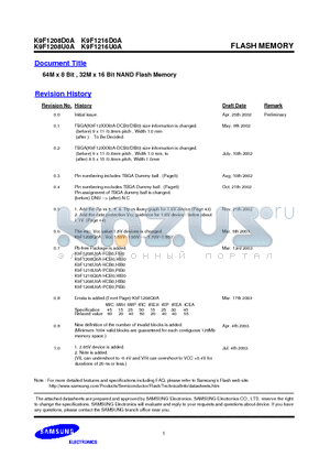 K9F1216D0A datasheet - 64M x 8 Bit , 32M x 16 Bit NAND Flash Memory