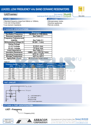 LXZT datasheet - LEADED, LOW FREQUENCY kHz BAND CERAMIC RESONATORS