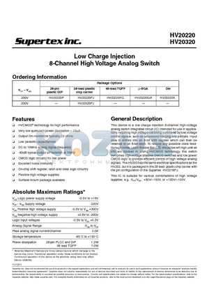 HV20320PJ datasheet - Low Charge Injection 8-Channel High Voltage Analog Switch