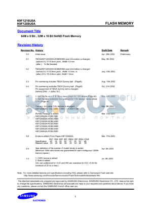 K9F1216U0A datasheet - 64M x 8 Bit , 32M x 16 Bit NAND Flash Memory