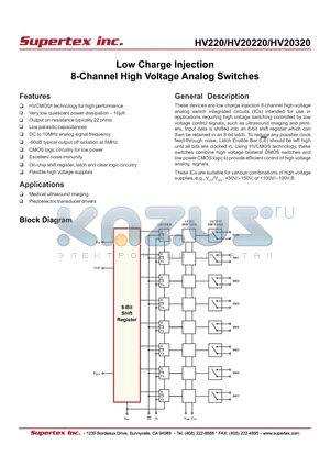 HV20220PJ-G datasheet - Low Charge Injection 8-Channel High Voltage Analog Switches