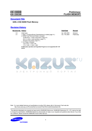 K9F1208U0B datasheet - 64M x 8 Bit NAND Flash Memory