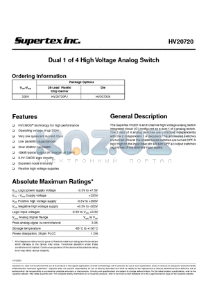 HV20720 datasheet - Dual 1 of 4 High Voltage Analog Switch