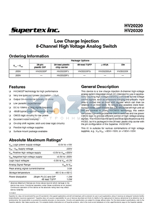 HV20320 datasheet - Low Charge Injection 8-Channel High Voltage Analog Switch