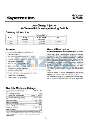 HV20420 datasheet - Low Charge Injection 8-Channel High Voltage Analog Switch