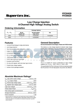 HV20420PJ datasheet - Low Charge Injection 8-Channel High Voltage Analog Switch