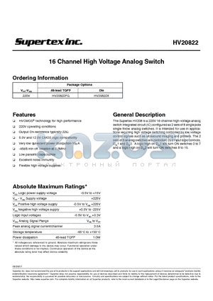 HV20822 datasheet - 16 Channel High Voltage Analog Switch