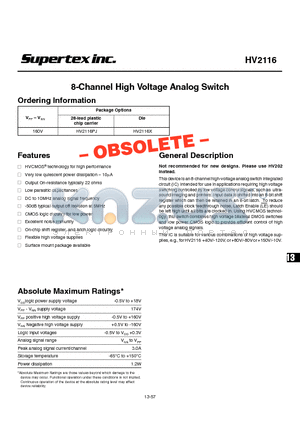 HV2116 datasheet - 8-Channel High Voltage Analog Switch