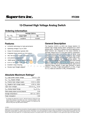 HV209X datasheet - 12-Channel High Voltage Analog Switch