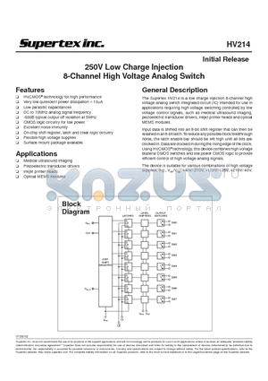 HV214 datasheet - 250V Low Charge Injection 8-Channel High Voltage Analog Switch