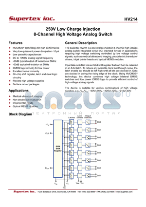 HV214 datasheet - 250V Low Charge Injection 8-Channel High Voltage Analog Switch