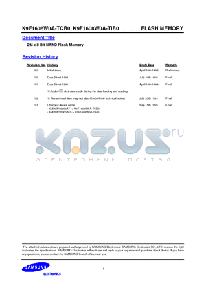 K9F1608W0A-TCB0 datasheet - 2M x 8 Bit NAND Flash Memory