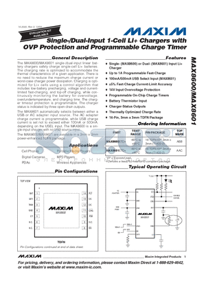 MAX8601ETD+ datasheet - Single-/Dual-Input 1-Cell Li Chargers with OVP Protection and Programmable Charge Timer