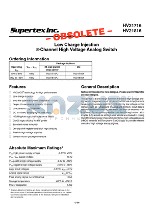 HV21816PJ datasheet - Low Charge Injection 8-Channel High Voltage Analog Switch