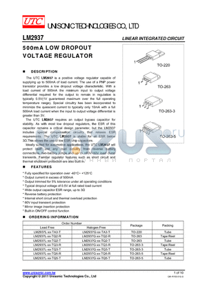 LM2937G-XX-TA3-T datasheet - 500mA LOW DROPOUT VOLTAGE REGULATOR