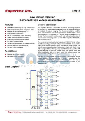 HV219 datasheet - Low Charge Injection 8-Channel High Voltage Analog Switch