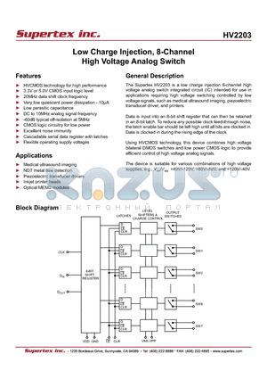 HV2203 datasheet - Low Charge Injection, 8-Channel High Voltage Analog Switch