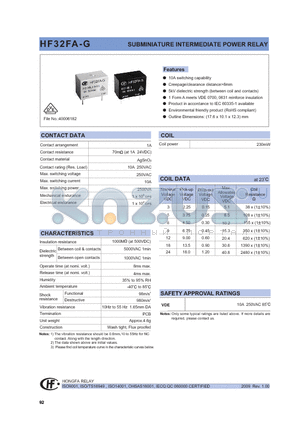 HF32FA-G datasheet - SUBMINIATURE INTERMEDIATE POWER RELAY